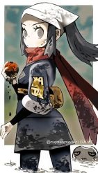 1girl akari_(pokemon) black_hair black_shirt brown_bag closed_mouth creatures_(company) croagunk eyelashes fanny_pack game_freak gen_4_pokemon grey_eyes grey_jacket grey_skirt headscarf holding holding_poke_ball jacket logo long_hair mayotsunamayo mud nintendo pantyhose poke_ball hisuian_poke_ball pokemon pokemon_(creature) pokemon_legends:_arceus ponytail red_scarf scarf shirt sidelocks skirt twitter_username watermark white_headscarf white_headwear