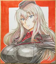 Rule 34 | 1girl, bird, black hat, black jacket, blue eyes, border, breast pocket, breasts, buttons, colored pencil (medium), commentary request, dress shirt, eagle, garrison cap, girls und panzer, grey hair, hair between eyes, hat, highres, impossible clothes, impossible jacket, itsumi erika, jacket, kuromorimine military uniform, large breasts, leather, leather jacket, long hair, long sleeves, looking at viewer, marker (medium), military, military hat, military uniform, nabeyu, nib pen (medium), open mouth, painting (medium), pen (medium), pocket, red border, red shirt, red trim, scan, school uniform, shiny clothes, shirt, solo, standing, traditional media, watercolor (medium)