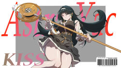 1girl absurdres astra_yao astra_yao_(chandelier) bare_shoulders black_dress black_hair border breasts character_name closed_mouth commentary_request detached_sleeves dress english_text feet_out_of_frame grey_background hair_intakes hairband highres holding holding_microphone_stand large_breasts long_hair looking_at_viewer microphone_stand red_eyes smirk solo very_long_hair white_border white_hairband yuyiosang zenless_zone_zero
