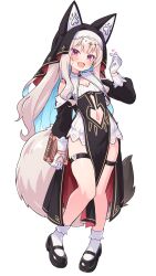1girl animal_ear_headwear black_dress blonde_hair blush book breasts cleavage clothing_cutout coif cross dress fake_animal_ears fang fox_girl fox_tail frilled_socks frills full_body gloves heart highres holding holding_book knees_together_feet_apart large_tail long_hair long_sleeves looking_at_viewer mary_janes navel navel_cutout nun original pelvic_curtain pink_eyes shoes skin_fang small_breasts smile socks solo standing sweatdrop tail thigh_strap ug_(nekonekodou) variant_set white_background white_gloves white_socks