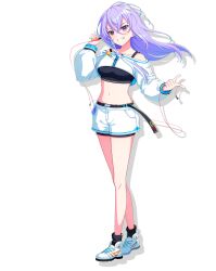 1girl blue_eyes breasts choker crop_top full_body grin hair_between_eyes highres jacket long_hair long_sleeves looking_at_viewer midriff multicolored_hair navel official_art purple_hair renjakuno_hatsumi shoes short_shorts shorts smile sneakers solo transparent_background two-tone_hair white_jacket white_shorts world_dai_star