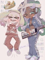 2girls :d ^_^ alternate_costume aqua_eyes artist_name black_hair blue_jacket blue_pants breasts cephalopod_eyes cleavage closed_eyes commentary_request crossed_arms crown dark-skinned_female dark_skin furrowed_brow gradient_hair headphones holding holding_instrument inkling instrument jacket jumping keytar long_hair marina_(splatoon) medium_hair merute_spla mole mole_under_mouth multicolored_hair multiple_girls nintendo octoling open_clothes open_jacket open_mouth pants pearl_(splatoon) pink_hair pointy_ears red_jacket red_pants red_pupils short_eyebrows smile splatoon_(series) splatoon_2 tentacle_hair thick_eyebrows twitter_username two-tone_hair white_hair