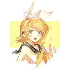 1girl bare_shoulders black_sailor_collar blonde_hair blue_eyes bow chinese_commentary choker commentary_request cropped_torso eyelashes hair_bow hair_ornament hairclip happy headphones highres kagamine_rin kitakawayui light_blush looking_at_viewer neckerchief open_mouth pointing pointing_up sailor_collar sailor_shirt shirt short_hair sleeveless sleeveless_shirt smile solo swept_bangs teeth two-tone_background upper_teeth_only vocaloid white_background white_bow white_shirt yellow_background yellow_choker yellow_neckerchief