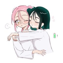 Rule 34 | 2girls, :o, ?, alien stage, arrow (symbol), battery indicator, black hair, blush stickers, bob cut, choker, closed eyes, commentary, english commentary, highres, hug, hug from side, long hair, long sleeves, mizi (alien stage), multiple girls, one eye closed, oracc liu, pink hair, ponytail, short hair, single blush sticker, spoken question mark, sua (alien stage), white background, white choker, yellow eyes