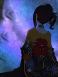Rule 34 | 1girl, black hair, chiori (genshin impact), choker, from behind, genshin impact, hair ornament, hair stick, haori, highres, japanese clothes, short sleeves, side ponytail, solo, upper body, utugi fa