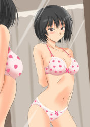 1girl amagami arm_behind_back black_hair blush bob_cut bra breasts brown_eyes cleavage female_focus lingerie md5_mismatch mirror murasaki_iro nanasaki_ai panties patterned short_hair solo underwear underwear_only
