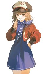 baegi201 blue_dress blue_neckerchief brown_hair dress finger_to_cheek grin hand_on_own_hip hand_up hat highres index_finger_raised jacket looking_at_viewer neckerchief newsboy_cap open_clothes open_jacket orange_eyes polka_dot_neckerchief red_jacket regulus_(reverse:1999) reverse:1999 short_dress short_hair smile