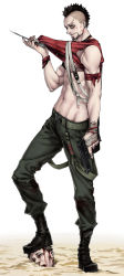 1boy animification armlet bandages beard black_hair blood blood_on_face brown_eyes facial_hair far_cry far_cry_3 highres jewelry male_focus midriff mohawk navel pants scar simple_background solo sorano_kairi_(tinmeshi) standing suspenders suspenders_slip toned vaas_montenegro white_background