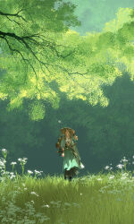 1girl bracer bug butterfly chinese_clothes commentary_request flower grass green_hair hakama hakama_skirt hanfu hat highres holding holding_behind_back holding_sword holding_sword_behind_back holding_weapon holding_weapon_behind_back ibuki_satsuki insect japanese_clothes jiaoling_ruqun kimono leaf long_hair looking_up original outdoors rice_hat sheath sheathed skirt standing sword tree weapon