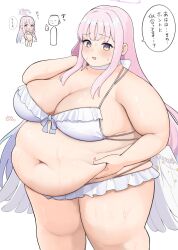 1boy 1girl 7sufyfhysfsdkn0 belly belly_grab big_belly bikini blue_archive blush breasts choker cleavage doodle_sensei_(blue_archive) fat fat_woman feathered_wings frilled_bikini frills front-tie_bikini_top front-tie_top hand_in_own_hair hand_on_own_stomach japanese_text large_breasts layered_bikini long_hair mika_(blue_archive) mika_(swimsuit)_(blue_archive) multicolored_eyes navel obese open_mouth pink_hair purple_eyes sensei_(blue_archive) skindentation standing swimsuit thick_thighs thighs wet whale_tail_(clothing) white_background white_bikini white_choker white_wings wing_ornament wings yellow_eyes