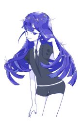 Rule 34 | 1other, black jacket, black necktie, black shorts, blue eyes, blue hair, blue nails, gem uniform (houseki no kuni), glint, hand in own hair, hashtag-only commentary, highres, houseki no kuni, imiotomati, jacket, lapis lazuli (houseki no kuni), long hair, necktie, other focus, puffy sleeves, short shorts, shorts, simple background, smile, solo, white background