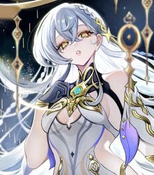 1girl bare_shoulders braid breasts bright_pupils colored_extremities commentary detached_sleeves diandao_qin dress english_commentary genshin_impact gold hair_between_eyes hair_ornament highres istaroth_(genshin_impact) jewelry long_hair looking_at_viewer open_mouth parted_lips purple_hands small_breasts star_(symbol) very_long_hair white_hair white_pupils yellow_eyes