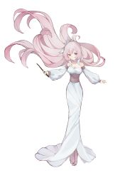Rule 34 | 1girl, absurdres, alternate costume, breasts, bridal legwear, chinese commentary, closed mouth, commentary, dress, elysia (honkai impact), floating hair, full body, highres, holding, holding wand, honkai (series), honkai impact 3rd, long dress, long hair, long sleeves, off-shoulder dress, off shoulder, pink eyes, pink hair, puffy long sleeves, puffy sleeves, simple background, smile, solo, tachi-e, very long hair, wand, white background, white dress, yuanzhong ren de yi yuzhong li