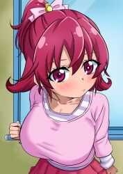 1girl absurdres aida_mana blush bow breasts brooch dokidoki!_precure hair_ornament highres indoors jewelry large_breasts long_hair looking_at_viewer pink_arm_warmers pink_eyes pink_hair pink_shirt ponytail precure red_skirt shirt skirt skymashiro smile solo window