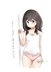 1girl asuka_asumi bare_shoulders black_hair blush bow bow_camisole bow_panties brown_eyes camisole closed_mouth collarbone cowboy_shot hand_up hibi_wa_sugiredo_meshi_umashi highres kawai_mako looking_at_viewer medium_hair panties pink_panties signature simple_background solo translation_request underwear white_background white_camisole