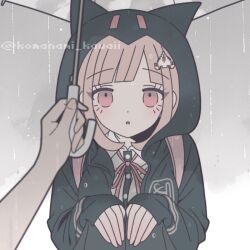 1girl :o black_jacket black_shirt brown_hair collared_shirt danganronpa_(series) danganronpa_2:_goodbye_despair galaga holding holding_umbrella hood hood_up hooded_jacket jacket komanami_kawaii long_sleeves medium_hair nanami_chiaki neck_ribbon pink_eyes pink_ribbon rain ribbon shirt solo_focus spaceship_hair_ornament two-tone_shirt umbrella watermark white_shirt