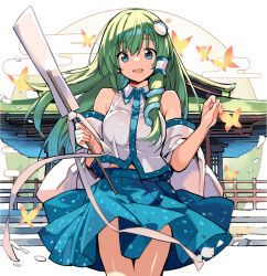 1girl :d asakura_maru bare_shoulders blue_eyes blue_skirt breasts bug butterfly collared_shirt detached_sleeves double-parted_bangs facing_viewer frog_hair_ornament gohei green_hair hair_ornament hair_tubes holding holding_gohei insect kochiya_sanae large_breasts long_hair long_sleeves looking_at_viewer midriff_peek open_mouth patterned_clothing pleated_skirt print_skirt shirt shrine single_hair_tube single_sidelock skirt skirt_set sleeveless sleeveless_shirt smile snake_hair_ornament solo thighs touhou upper_body wide_sleeves