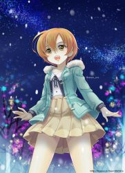 1girl artist_name blush female_focus green_eyes hoshizora_rin jacket love_live! love_live!_school_idol_festival love_live!_school_idol_project night orange_hair short_hair skirt smile solo standing text_focus trianon twitter_username watermark web_address