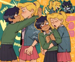 2girls amphibia animal_ears artist_name asymmetrical_bangs black_hair black_skirt blonde_hair blush byubiyubi cat_ears closed_eyes furrification furry green_sweater hair_ornament hair_scrunchie hairclip half-closed_eyes hug jacket kabedon looking_at_another marcy_wu mole mole_under_eye multiple_girls open_mouth pink_skirt pleated_skirt ponytail sasha_waybright school_uniform scrunchie short_hair sjms_school_uniform skirt sleeves_rolled_up sweater wolf_ears yuri