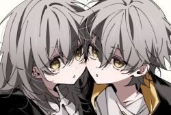 1boy 1girl black_coat caelus_(honkai:_star_rail) coat dlckrpwjd111 dual_persona grey_hair hair_between_eyes honkai:_star_rail honkai_(series) hood hooded_coat long_hair looking_at_viewer open_clothes open_coat shirt short_hair sidelocks simple_background stelle_(honkai:_star_rail) t-shirt teeth trailblazer_(honkai:_star_rail) two-sided_coat two-sided_fabric white_background white_shirt yellow_coat yellow_eyes