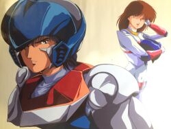 1980s_(style) 1boy 1girl :d brown_eyes brown_hair habara_nobuyoshi helmet highres leina_stol long_hair looking_at_viewer machine_robo machine_robo_chronos_no_dai_gyakushuu navel official_art oldschool open_mouth retro_artstyle simple_background smile white_background