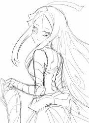 1girl armored_gloves armored_leotard back breasts digimon digimon_(creature) female_focus fur_collar holding hudiemon leotard long_hair looking_at_viewer looking_back medium_breasts ph6xeivbgpimggg skirt smile solo solo_focus