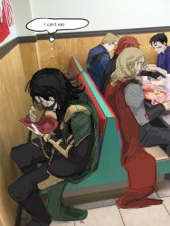 1girl 4boys avengers_(series) beard black_bodysuit black_boots black_hair black_jacket black_pants black_widow blonde_hair blue_bodysuit blush_stickers bodysuit boots brothers bruce_banner cafe cape captain_america chain closed_mouth collared_shirt cup disposable_cup eating english_text facial_hair floor food gag gagged gauntlets gold_chain gold_trim green_cape grey_shirt hands_up highres holding holding_food holding_sandwich indoors jacket loki_(marvel) long_sleeves marvel marvel_cinematic_universe medium_hair meme moongi_boyy multiple_boys natasha_romanoff no_eyes on_chair pants purple_shirt red_cape red_hair sandwich shirt short_hair siblings sitting speech_bubble steve_rogers table the_avengers_(2012) thor_(marvel) thought_bubble