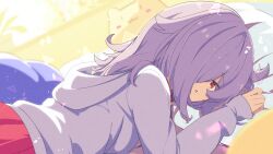 Rule 34 | 1girl, absurdres, blurry, collar, commission, grey hoodie, hair over one eye, highres, hood, hood down, hoodie, long hair, long sleeves, looking at viewer, lying, on stomach, one eye covered, open mouth, original, parted lips, pillow, pleated skirt, purple hair, purple hoodie, red eyes, red skirt, shiro9jira, skeb commission, skirt, solo, stuffed animal, stuffed cat, stuffed toy