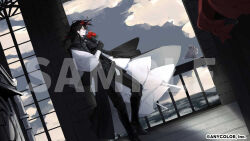 1boy ascot balcony bird black_ascot black_coat black_gloves black_hair black_pants black_shoes camellia cloud coat collared_coat copyright_notice day dutch_angle flower frills from_side full_body gloves hair_over_one_eye hair_ribbon holding holding_flower indoors long_coat long_hair long_sleeves looking_outside low_ponytail male_focus marikin021 multicolored_hair muntins nijisanji nijisanji_en ocean official_art pants pigeon ponytail profile puffy_long_sleeves puffy_sleeves red_flower red_hair red_ribbon ribbon sample_watermark shirt shoes sideways_glance sleeveless sleeveless_coat smile solo standing streaked_hair two-sided_coat two-sided_fabric virtual_youtuber vox_akuma watermark white_coat white_shirt window yellow_eyes