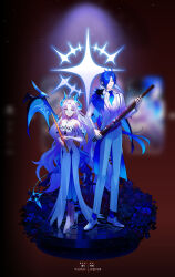 Rule 34 | 1boy, 1girl, ahoge, alternate costume, artist collaboration, bare shoulders, bassoon, blue bow, blue bowtie, blue capelet, blue dress, blue eyes, blue flower, blue hair, blue horns, blue rose, blue socks, blue wings, blurry, blurry background, bow, bowtie, braid, breasts, bright pupils, capelet, chevalier (elsword), choker, ciel (elsword), closed mouth, coat, collarbone, cross-laced shoes, cuff links, curtained hair, demon girl, demon horns, demon tail, demon wings, detached sleeves, dress, dress shoes, earrings, elsword, facial mark, faux figurine, floating headgear, flower, flute, forehead mark, formal clothes, full body, fur-trimmed capelet, fur trim, gloves, hair flaps, hair over one eye, half up braid, headgear, high heels, highres, holding, holding flute, holding instrument, horns, instrument, ishtar (elsword), jewelry, korean commentary, korean text, lapels, layered dress, long dress, long hair, long sleeves, looking at viewer, low ponytail, luciela r. sourcream, medium breasts, notched lapels, nt 0803, pants, parted bangs, parted lips, pointy ears, ponytail, red background, reflective floor, rose, rose bush, shirt, shoes, side-by-side, side cape, sleeves past wrists, smile, socks, standing, star-shaped pupils, star (symbol), strapless, strapless dress, suit, sunburst, symbol-shaped pupils, tail, tailcoat, tuxedo shirt, two-tone dress, very long hair, vest, wavy hair, white choker, white coat, white dress, white gloves, white hair, white pants, white pupils, white shirt, white shoes, white suit, white vest, wings