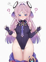 1girl :o ? asymmetrical_gloves bare_shoulders black_gloves black_leotard blue_eyes blush braid breasts chideno citlali_(genshin_impact) clothes_pull commentary cow facial_mark fingerless_gloves fingernails forehead_mark genshin_impact gloves hair_ornament highleg highleg_leotard highres large_breasts leotard long_hair looking_at_viewer multicolored_hair nail_polish nose_blush pink_hair pink_pupils purple_hair purple_nails skirt skirt_pull leotard solo triangle triangle_facial_mark twin_braids uneven_gloves very_long_hair white_background