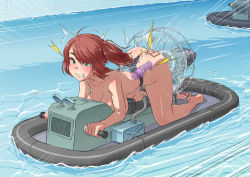 1girl ahoge all_fours bdsm bondage bound breasts brown_hair clenched_teeth dildo female_focus green_eyes ha_ku_ronofu_jin harness highres large_breasts nude predicament_bondage race restrained sex_toy smile solo sweat teeth thong vibrator water