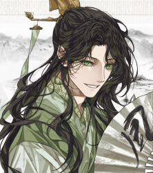1boy bird black_hair boat chinese_clothes folding_fan green_eyes green_hanfu green_ribbon hand_fan hanfu highres holding holding_fan long_hair looking_at_viewer male_focus mountain ribbon ribboned_xiao_guan ronpu_cooing sailboat shi_qingxuan smile solo tianguan_cifu upper_body watercraft xiao_guan_(headdress)