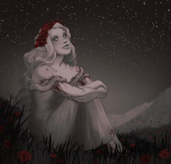 Rule 34 | 1girl, absurdres, bare shoulders, barefoot, blood, commentary, commission, dress, english commentary, flower, flower wreath, full body, grass, head wreath, highres, hugging own legs, long hair, night, night sky, outdoors, princess (slay the princess), red flower, sitting, sky, slay the princess, smile, solo, star (sky), starry sky, the thorn (slay the princess), zavtrakturista