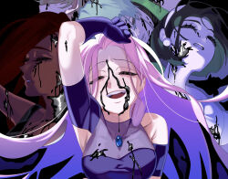 2boys 3girls absurdres alien_stage arm_up armpit_cutout black_blood black_dress black_gloves black_hair blood blood_on_chest blood_on_face blue_hair brown_hair closed_eyes clothing_cutout commentary cropped dark-skinned_female dark_skin dress earrings english_commentary gloves gradient_hair grey_hair hairband highres hyuna_(alien_stage) jewelry long_hair mizi_(alien_stage) multicolored_hair multiple_boys multiple_girls onemu_0928 open_mouth pearl_earrings pink_hair short_hair short_sleeves shoulder_cutout smile sua_(alien_stage) till_(alien_stage) two-tone_hair white_hairband
