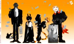 1girl 3boys aak_(arknights) absurdres animal_ears arknights black_gloves black_hat black_pants briefcase cat_boy cat_ears dog_boy dragon_boy dragon_tail furry furry_female furry_male glasses gloves gradient_background hat highres holding holding_briefcase horns hung_(arknights) kicking kou_zhua lee_(arknights) lineup money multiple_boys pants safe_(container) single_horn tail tiger_girl waai_fu_(arknights)