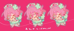 1girl @_@ ahoge angel_wings aqua_dress aqua_hair armband azolitmin blush chibi chibi_only commentary cross cross_print dress earrings fang hair_intakes hair_ornament hand_to_own_mouth hands_up hat heart heart_print highres idolmaster idolmaster_cinderella_girls idolmaster_cinderella_girls_starlight_stage jewelry looking_at_viewer medium_hair multicolored_hair nurse_cap one_eye_closed open_mouth pill_earrings pink_armband pink_background pink_eyes pink_hair pink_thighhighs short_sleeves simple_background smile solo_focus striped_clothes striped_thighhighs tearing_up thighhighs twitter_username two-tone_hair two-tone_thighhighs white_hat white_thighhighs white_wings white_wrist_cuffs wings wrist_cuffs x_hair_ornament yami_kawaii yumemi_riamu