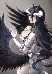 1girl absurdres ahoge albedo_(overlord) bare_shoulders black_hair black_wings breasts butt_crack cleavage commentary demon_horns dress elbow_gloves feathered_wings foxie30 gloves hair_between_eyes highres horns jewelry large_breasts long_hair low_wings overlord_(maruyama) simple_background smile white_dress white_gloves wings yellow_eyes