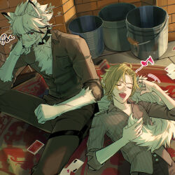 2boys aged_down animal_ears blonde_hair body_fur brick_wall bucket card closed_eyes collar colored_tips fangs furry furry_male grey_pants grey_shirt highres hugo_vlad lying mole mole_under_eye multicolored_hair multiple_boys on_back open_mouth pants partially_unbuttoned playing_card red_eyes scar scar_on_arm scar_on_face shirt spiked_collar spikes striped_clothes striped_shirt tail tail_around_another&#039;s_waist takashina_yuu thigh_strap vertical-striped_clothes vertical-striped_shirt von_lycaon white_fur wolf_boy wolf_ears wolf_tail zenless_zone_zero
