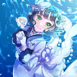 1girl beret black_hair blue_hat blue_kimono closed_mouth commentary_request cowboy_shot frilled_hat frills gloves hair_intakes hat japanese_clothes jellyfish kimono kimono_dress link!_like!_love_live! long_sleeves love_live! mini_hat momose_ginko official_alternate_costume sakari_(pear_8_ll) short_hair smile solo tilted_headwear tsukuyomi_kurage underwater virtual_youtuber wavy_hair white_gloves