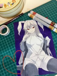 Rule 34 | 1girl, animal ears, art tools in frame, black thighhighs, blazer, breasts, cameltoe, crossed bangs, gluteal fold, greyscale, hair between eyes, highres, jacket, long hair, medium breasts, midriff, monochrome, navel, no pants, open clothes, open shirt, panties, rabbit ears, red eyes, reisen udongein inaba, shirt, simple background, skindentation, smile, solo, spot color, spread legs, thick thighs, thighhighs, thighs, touhou, traditional media, tumugihikari, underwear, undressing, white shirt
