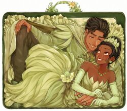 1boy 1girl black_hair blue_eyes breasts brown_eyes brown_hair dark-skinned_female dark-skinned_male dark_skin dress earrings elbow_gloves gloves humanization jewelry long_hair looking_at_viewer mizala necklace open_mouth prince prince_naveen short_hair smile the_princess_and_the_frog tiana_(the_princess_and_the_frog) tiara