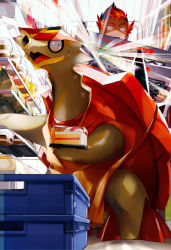 1boy cake cake_slice ceiling commentary_request dark-skinned_male dark_skin food from_below furrowed_brow gen_7_pokemon highres holding imminent_explosion indoors kiawe_(pokemon) male_focus multicolored_hair nintendo orange_mikan pokemon pokemon_sm shelf short_hair teeth turtonator two-tone_hair upper_teeth_only