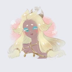 1girl bare_shoulders blonde_hair cookie_run cookie_run:_kingdom dark-skinned_female dark_skin dress eyeshadow highres long_hair looking_at_viewer makeup mewmew_xi mozzarella_cookie open_mouth simple_background smile solo very_long_hair white_background