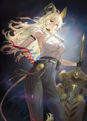 Rule 34 | 1girl, absurdres, arm strap, bare shoulders, black choker, black gloves, black horns, black pants, blonde hair, breasts, button gap, choker, closed mouth, commentary, cowboy shot, curled horns, earrings, gloves, greatsword, hand on own hip, high-waist pants, highres, holding, holding sword, holding weapon, horns, jewelry, key earrings, kuza brs, large breasts, long hair, looking at viewer, mole, mole on breast, pants, red eyes, shirt, shirt tucked in, solo, sword, torn clothes, torn shirt, weapon, white shirt, wuthering waves, zani (wuthering waves)