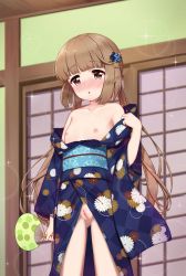 1girl blush brown_eyes brown_hair cleft_of_venus fan female_focus flat_chest hair_ornament highres idolmaster idolmaster_cinderella_girls japanese_clothes kamer71372 kimono loli nipples nude_filter obi off_shoulder print_kimono pussy sash short_hair_with_long_locks sliding_doors solo standing third-party_edit twintails uncensored underwear yorita_yoshino yukata