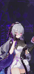 1girl arm_strap black_gloves black_thighhighs breasts bronya_zaychik bronya_zaychik_(heart_of_the_night) bronya_zaychik_(silverwing:_n-ex) character_name chinese_commentary closed_mouth drill_hair elbow_gloves english_text gloves grey_eyes hair_between_eyes happy_birthday highres honkai_(series) honkai_impact_3rd large_breasts long_hair looking_at_viewer official_alternate_costume official_art official_wallpaper open_hand round_eyewear smile solo thighhighs thighs upper_body