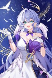 1girl absurdres aqua_hair bare_shoulders breasts cleavage collarbone dress earrings feathered_wings feathers gloves green_eyes hair_between_eyes head_wings highres honkai:_star_rail honkai_(series) hopefulness_art jewelry large_breasts long_hair looking_at_viewer open_mouth robin_(honkai:_star_rail) sheet_music sky smile star_(sky) starry_sky white_dress wings
