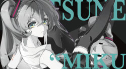13165075695 1girl absurdres aqua_eyes bare_shoulders black_background character_doll character_name commentary doll expressionless hair_between_eyes hair_ornament hatsune_miku highres long_hair looking_at_viewer mindscape_cinema_(zenless_zone_zero) number_tattoo pleated_skirt shoulder_tattoo skirt sleeveless spot_color symbol-only_commentary tattoo thighhighs twintails vocaloid
