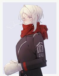 1girl aojiru_oisiiiii black_jacket blue_eyes blush closed_mouth faust_(project_moon) highres jacket lapels limbus_company long_sleeves looking_at_viewer mittens notched_lapels project_moon red_scarf scarf short_hair solo white_hair